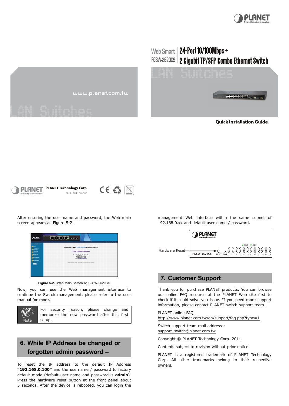 Customer support | PLANET FGSW-2620CS User Manual | Page 2 / 2