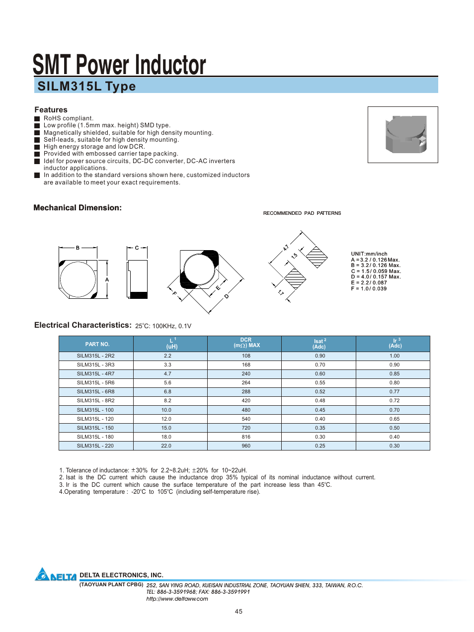 Delta Electronics SMT Power Inductor SILM315L User Manual | 1 page