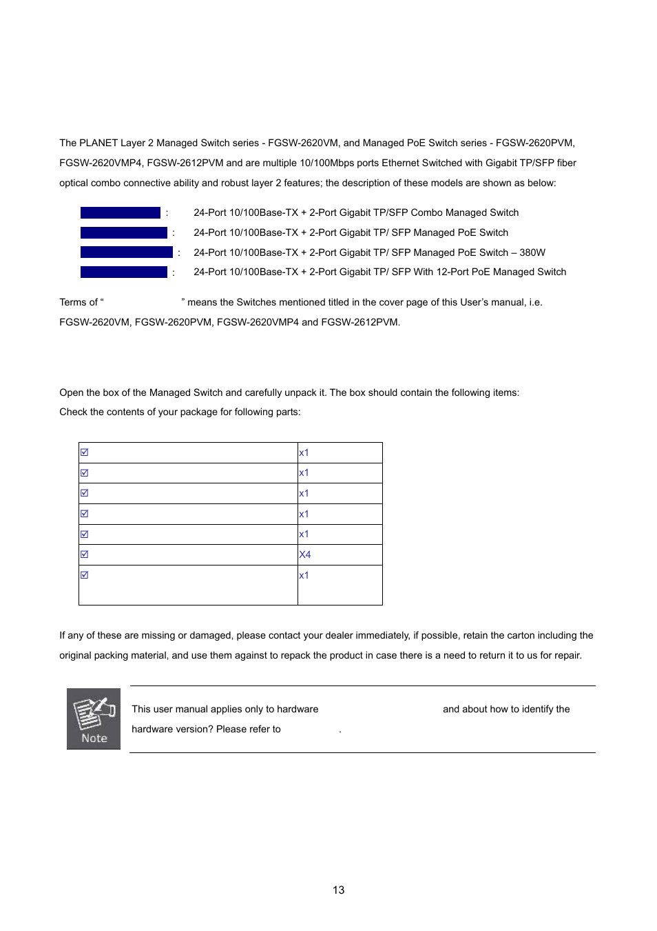 Introduction, 1 package contents | PLANET FGSW-2620VM User Manual | Page 13 / 213