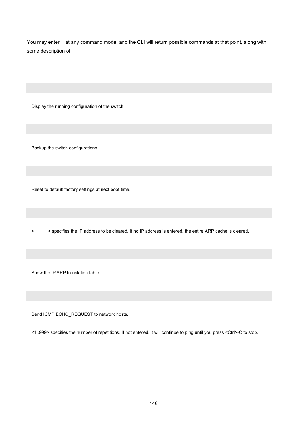 2 system commands, Show running-config, Copy running-config startup-config | Erase startup-config, Clear arp, Show arp, Ping, Command help | PLANET FGSW-2620VM User Manual | Page 146 / 213