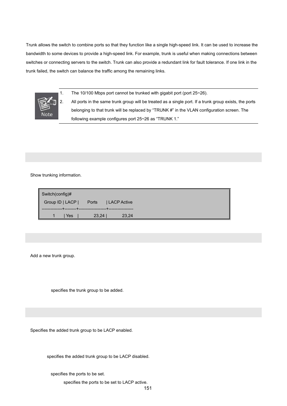 4 trunk configuration, 1 trunking commands, Show trunks | Trunk add, Lacp | PLANET FGSW-2620VM User Manual | Page 151 / 213