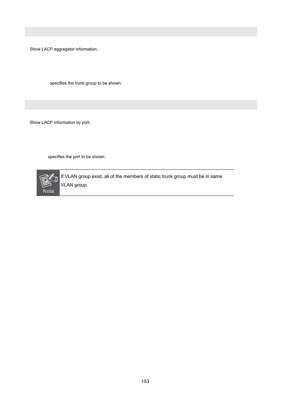Show lacp agg, Show lacp port | PLANET FGSW-2620VM User Manual | Page 153 / 213