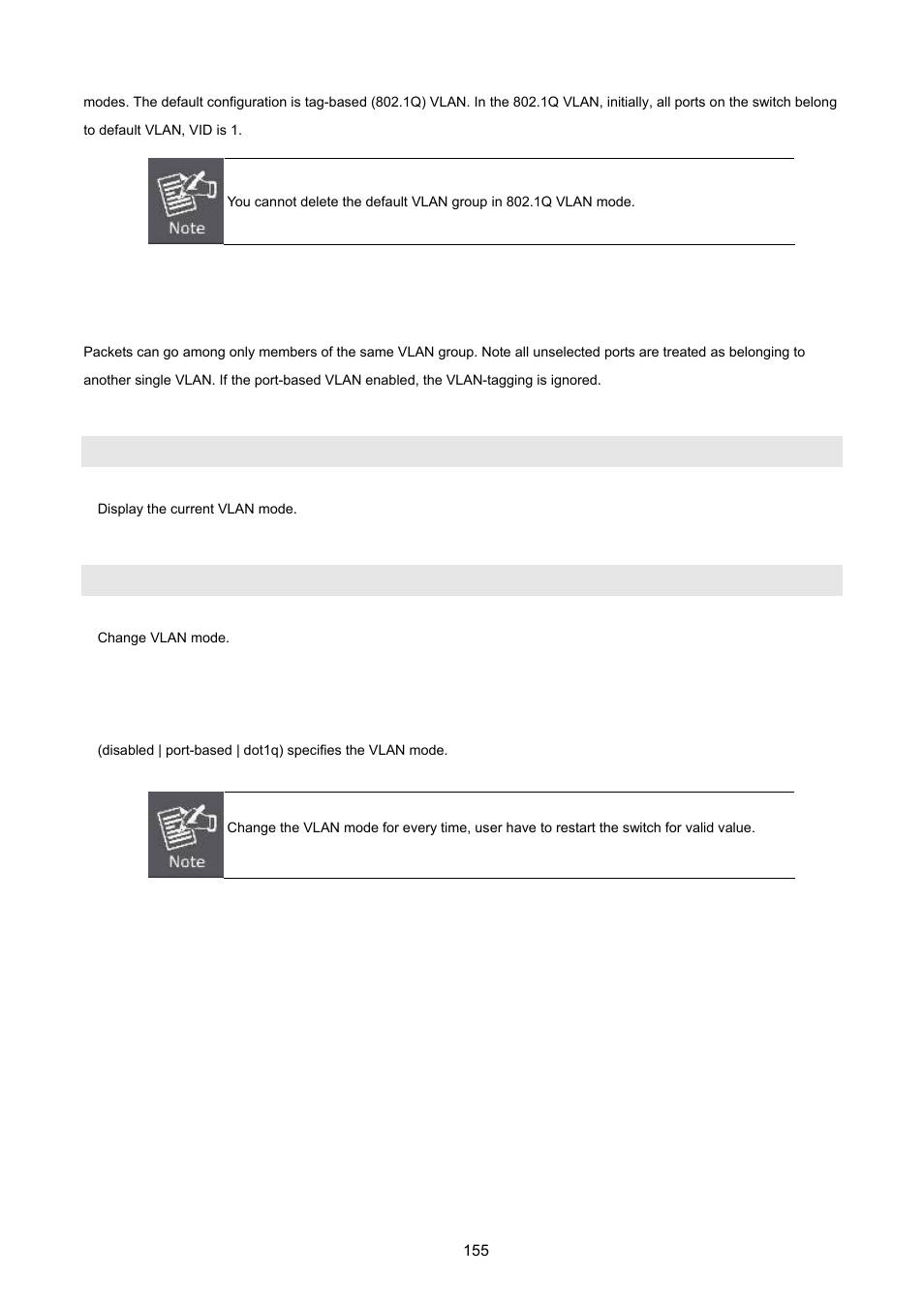 2 vlan mode: port-based, Show vlan mode, Vlan mode | PLANET FGSW-2620VM User Manual | Page 155 / 213