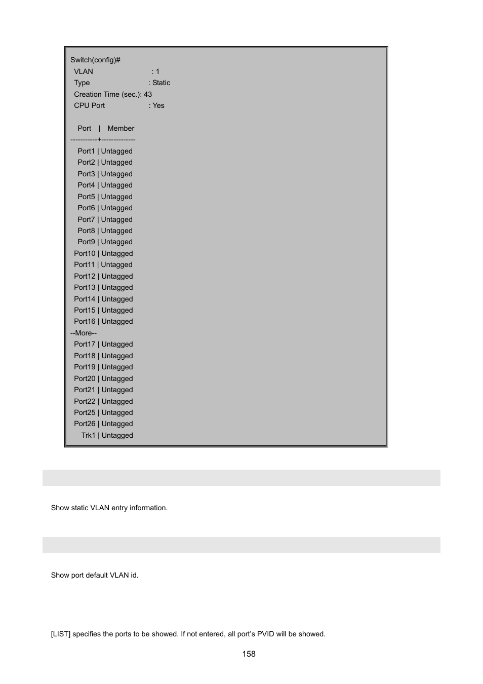 Show vlan static, Show vlan pvid | PLANET FGSW-2620VM User Manual | Page 158 / 213