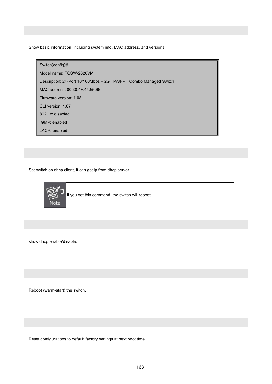 3 reboot switch, 4 reset to default, Show info | Dhcp, Show dhcp, Boot, Erase startup-config | PLANET FGSW-2620VM User Manual | Page 163 / 213