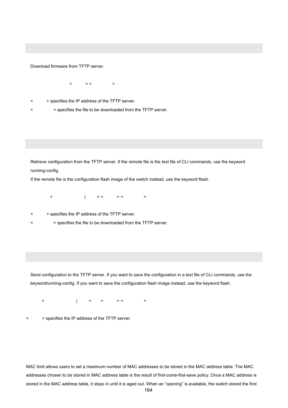 5 tftp update firmware, 6 restore configure file, 7 backup configure file | 8 mac limit, Copy tftp firmware, Copy tftp <running-config | flash, Copy <running-config | flash> tftp | PLANET FGSW-2620VM User Manual | Page 164 / 213