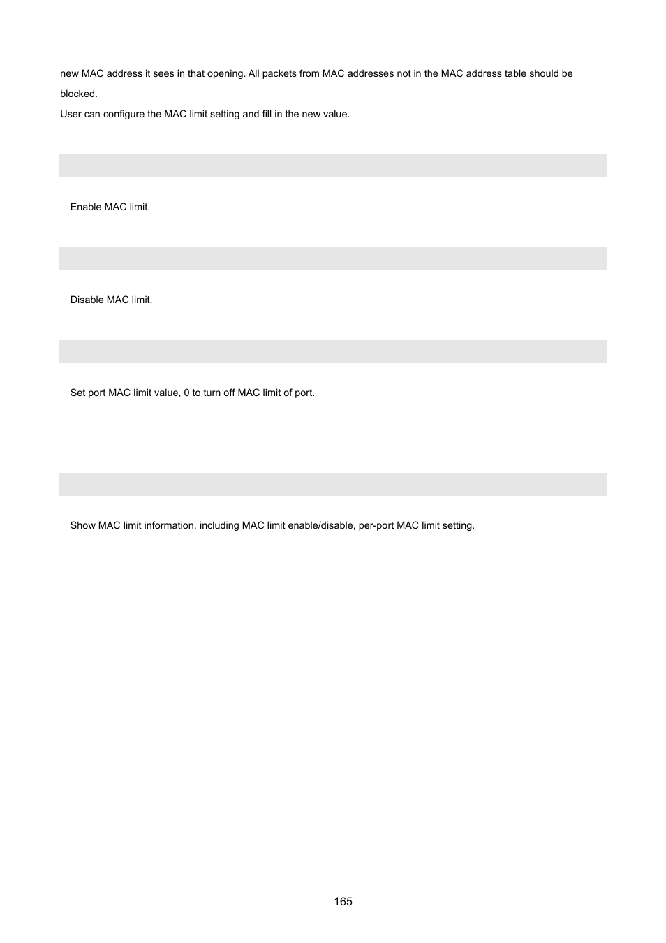 Mac-limit, No mac-limit, Show mac-limit | PLANET FGSW-2620VM User Manual | Page 165 / 213
