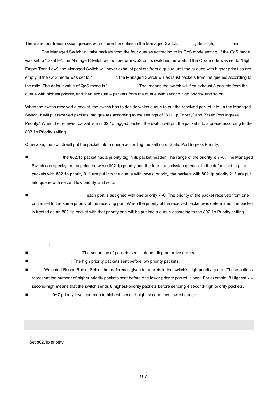 10 quality of service, 1 qos configuration, Qos priority | PLANET FGSW-2620VM User Manual | Page 167 / 213