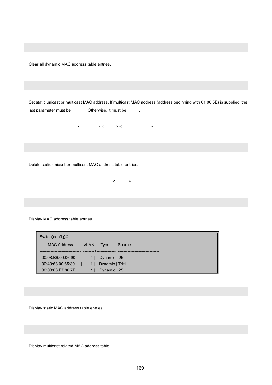 11 mac address configuration, Clear mac-address-table, Mac-address-table static | No mac-address-table static mac-addr, Show mac-address-table, Show mac-address table static, Show mac-address-table multicast | PLANET FGSW-2620VM User Manual | Page 169 / 213