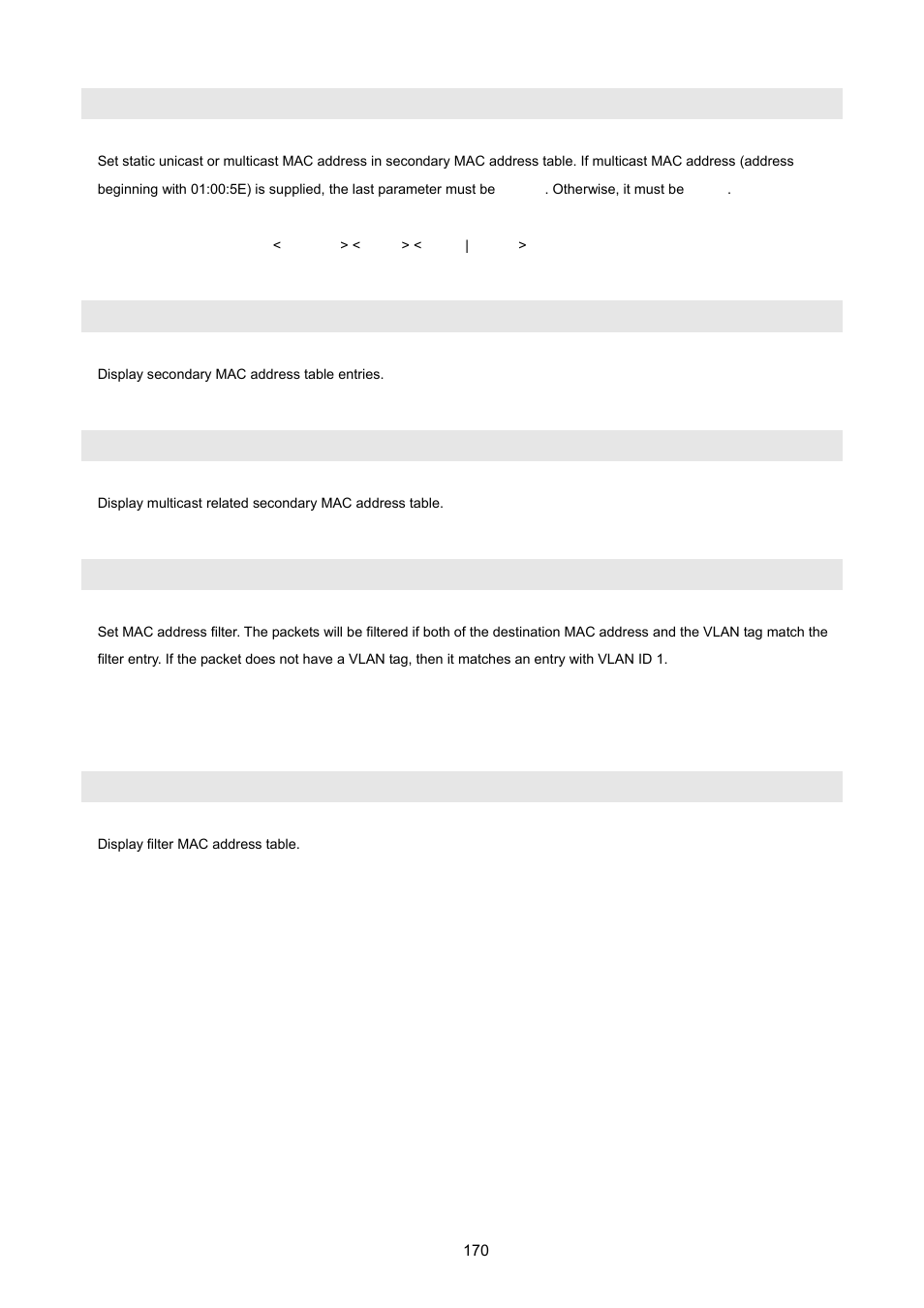Smac-address-table static, Show smac-address-table, Show smac-address-table multicast | No] filter, Show filter | PLANET FGSW-2620VM User Manual | Page 170 / 213
