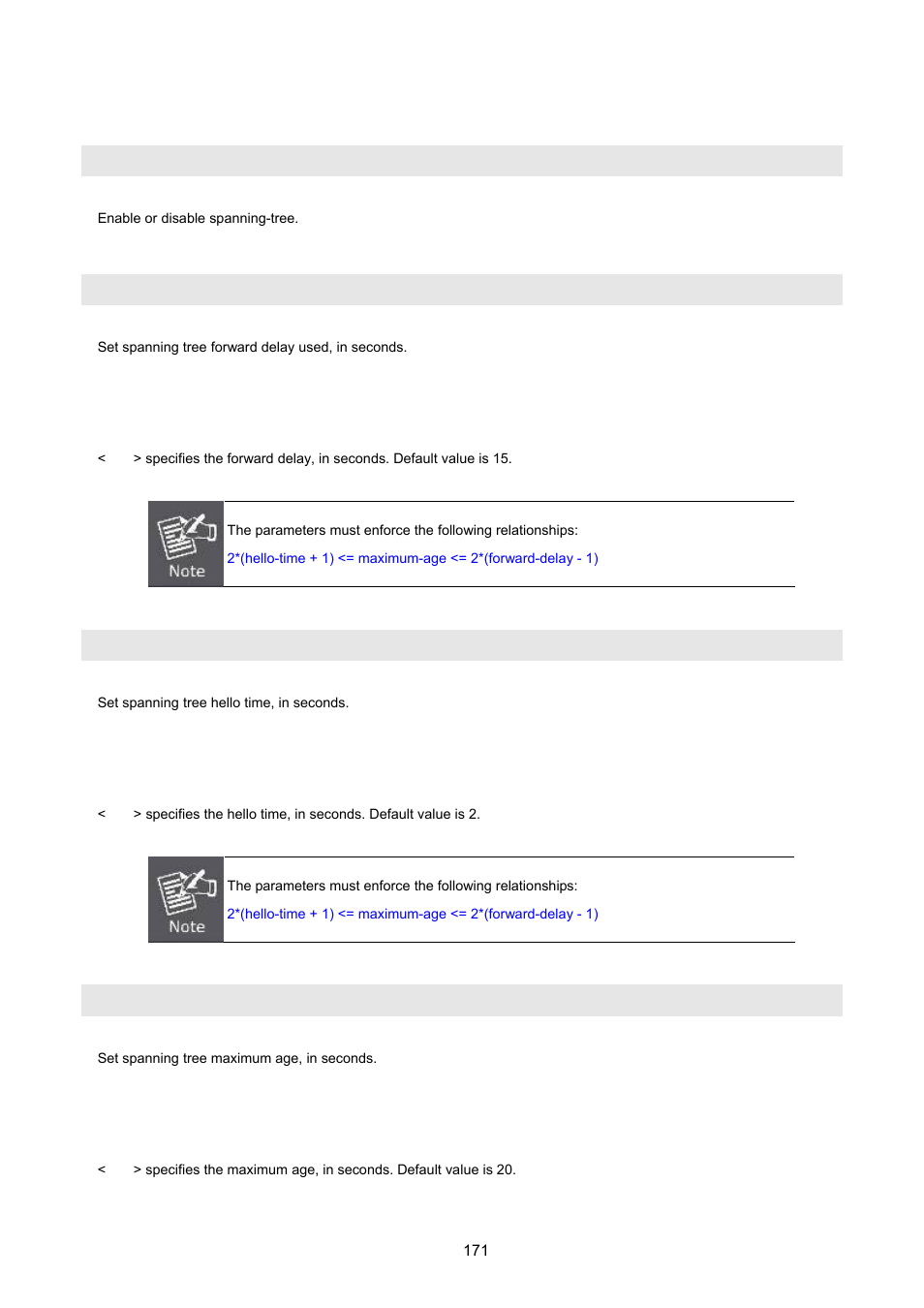 12 stp/rstp commands, No] spanning-tree, Spanning-tree forward-delay | Spanning-tree hello-time, Spanning-tree maximum-age | PLANET FGSW-2620VM User Manual | Page 171 / 213