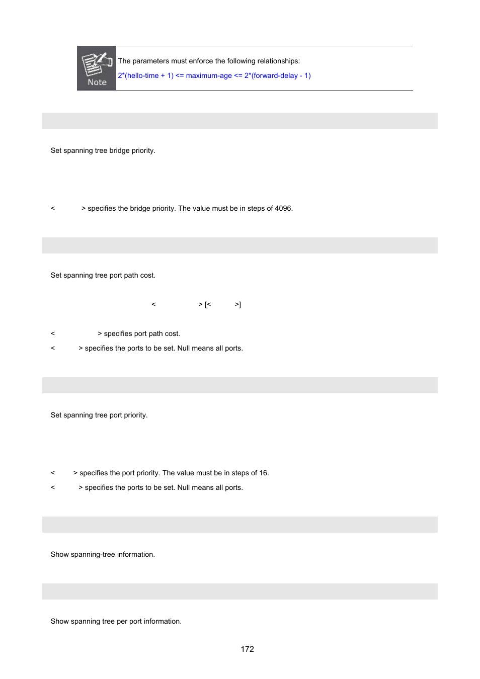 Spanning-tree priority, Spanning-tree port path-cost, Spanning-tree port priority | Show spanning-tree, Show spanning-tree port | PLANET FGSW-2620VM User Manual | Page 172 / 213