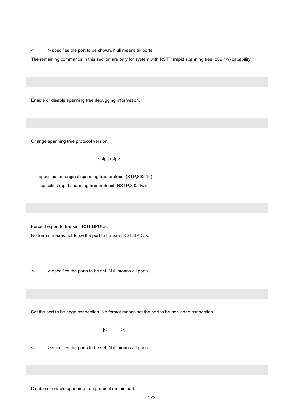 No] spanning-tree debug, Spanning-tree protocol-version, No] spanning-tree port mcheck | No] spanning-tree port edge-port, No] spanning-tree port non-stp | PLANET FGSW-2620VM User Manual | Page 173 / 213