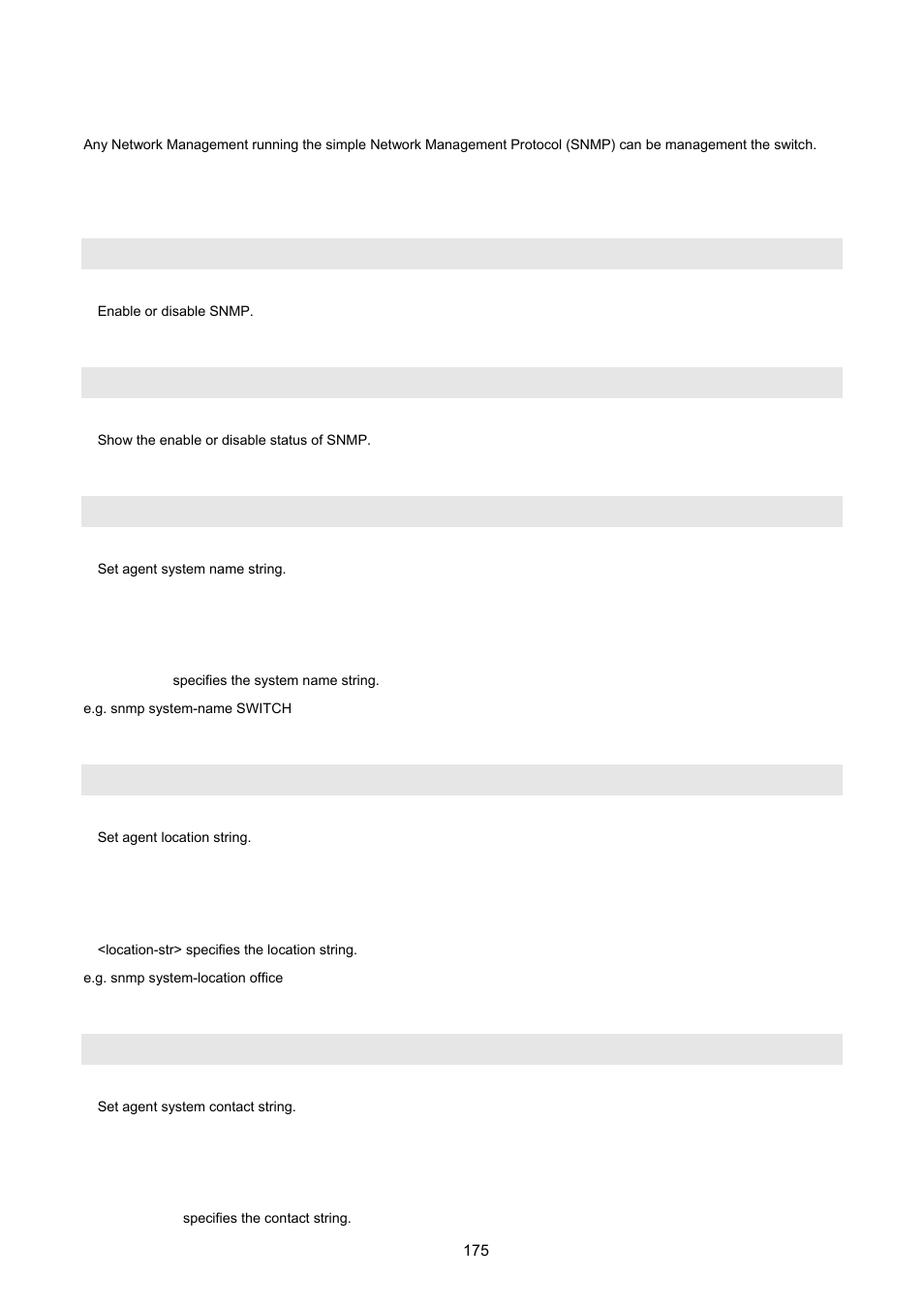 13 snmp, 1 system options, Snmp /no snmp | Show snmp status, Snmp system-name, Snmp system-location, Snmp system-contact | PLANET FGSW-2620VM User Manual | Page 175 / 213