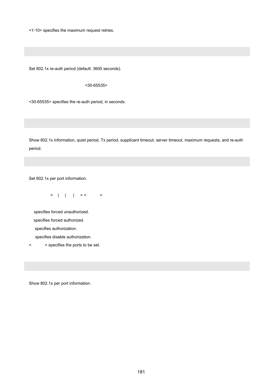 Dot1x timeout re-authperiod, Show dot1x, Dot1x port | Show dot1x port | PLANET FGSW-2620VM User Manual | Page 181 / 213
