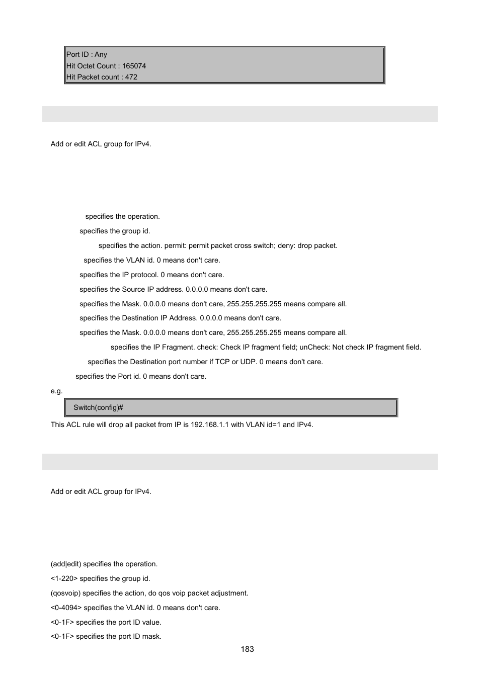 Acl (add|edit) <1-220> (qosvoip) <0-4094 | PLANET FGSW-2620VM User Manual | Page 183 / 213