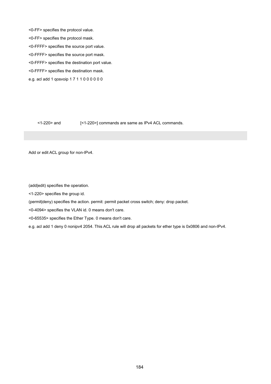 2 non-ipv4 acl commands | PLANET FGSW-2620VM User Manual | Page 184 / 213