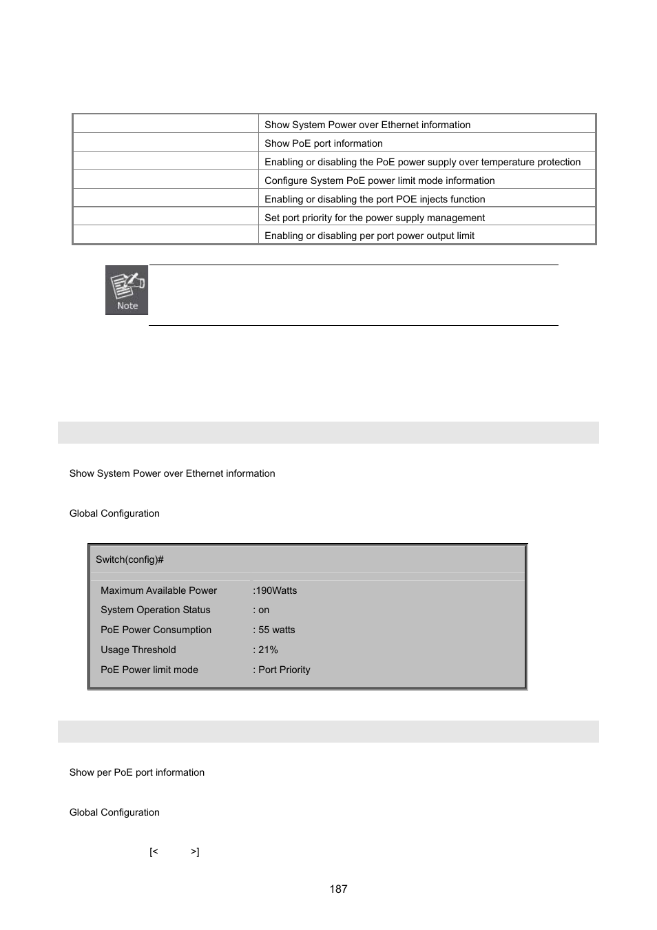 1 display system poe status, Show poe, Show poe status | 18 power over ethernet commands | PLANET FGSW-2620VM User Manual | Page 187 / 213