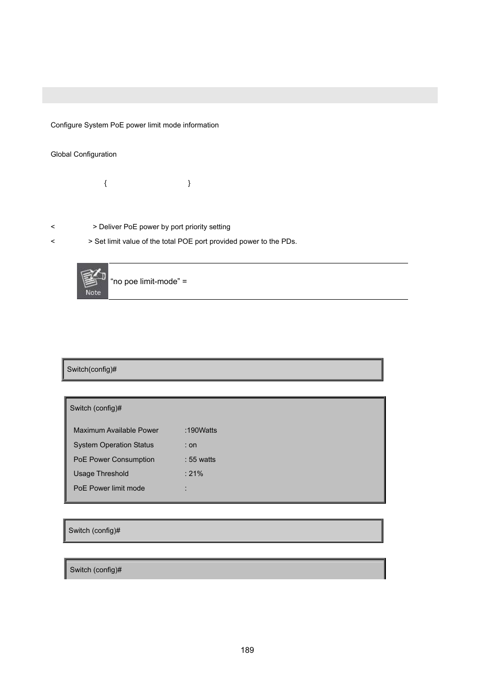 3 configure poe -- system, Poe limit-mode | PLANET FGSW-2620VM User Manual | Page 189 / 213
