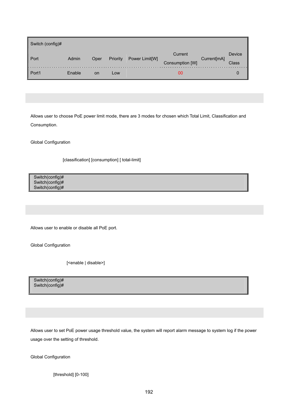 Poe limit mode, Poe admin-mode, Poe usage | PLANET FGSW-2620VM User Manual | Page 192 / 213