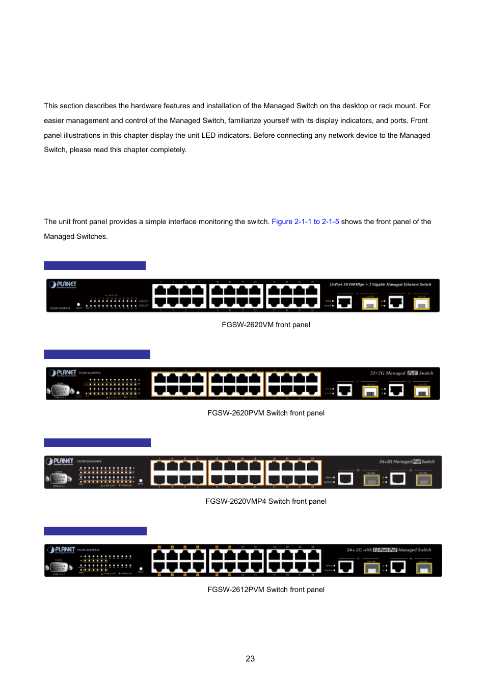 Installation, 1 hardware description, 1 switch front panel | PLANET FGSW-2620VM User Manual | Page 23 / 213