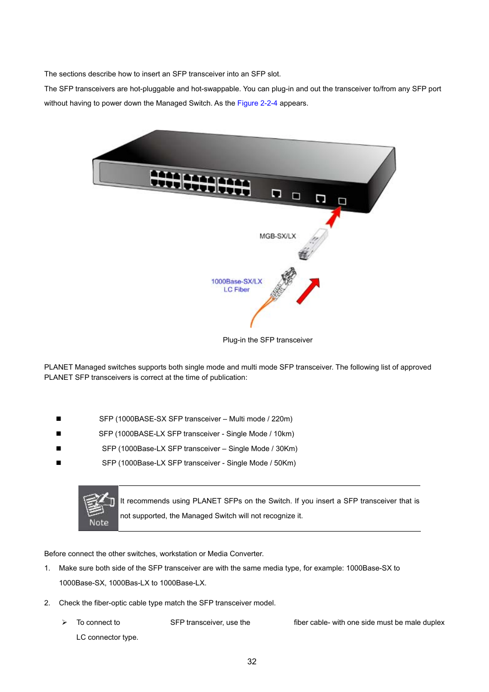 3 installing the sfp transceiver | PLANET FGSW-2620VM User Manual | Page 32 / 213