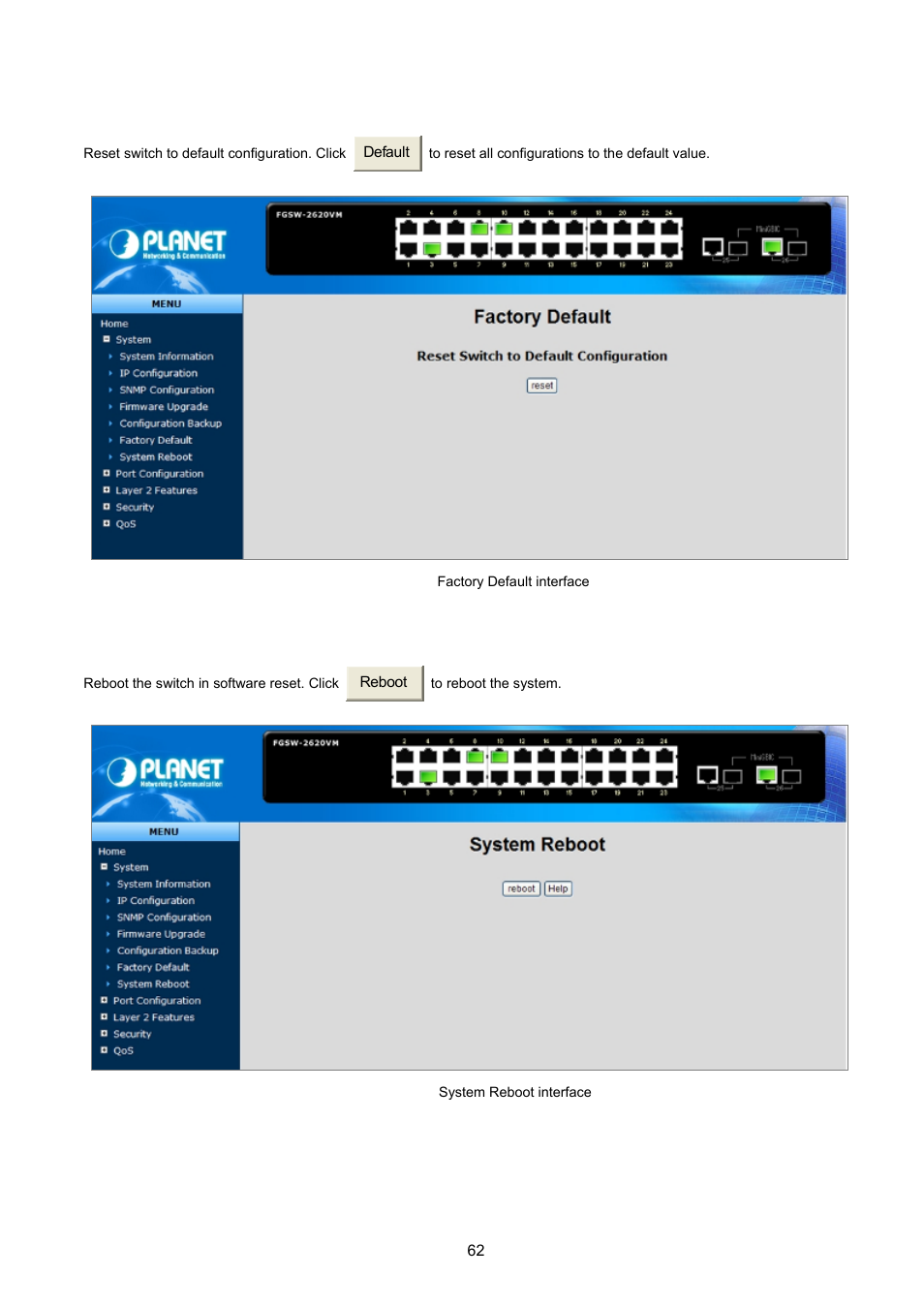 10 factory default, 11 system reboot | PLANET FGSW-2620VM User Manual | Page 62 / 213