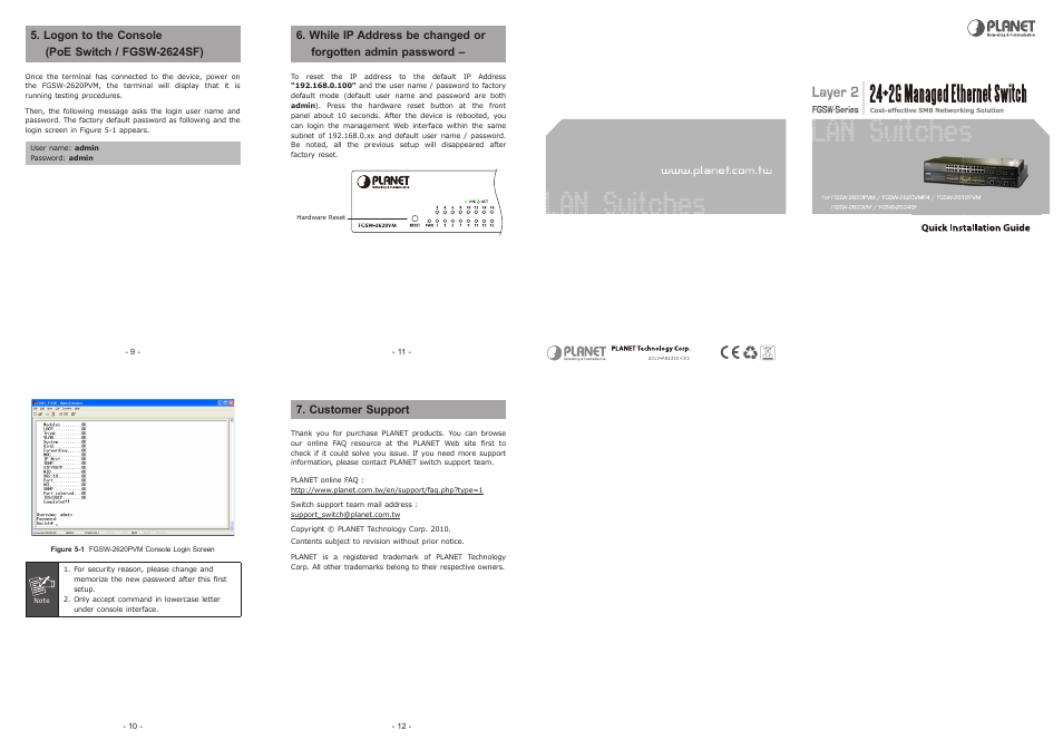 Logon to the console (poe switch / fgsw-2624sf), Customer support | PLANET FGSW-2620VM User Manual | Page 2 / 2
