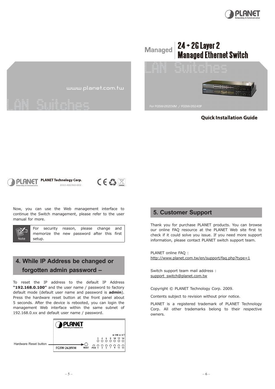 Customer support | PLANET FGSW-2624SF User Manual | Page 2 / 2