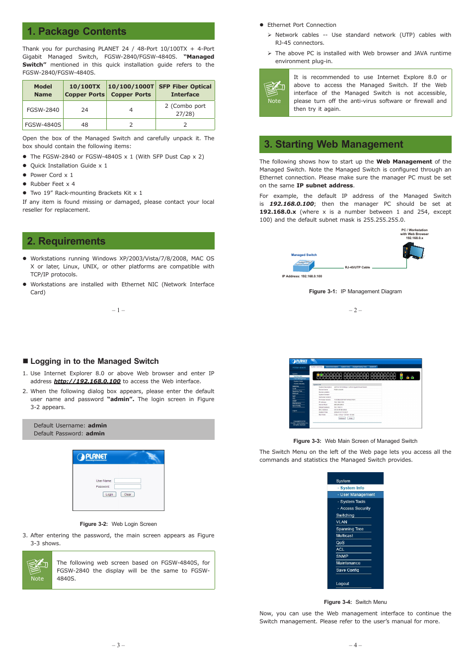 PLANET FGSW-2840 User Manual | 2 pages