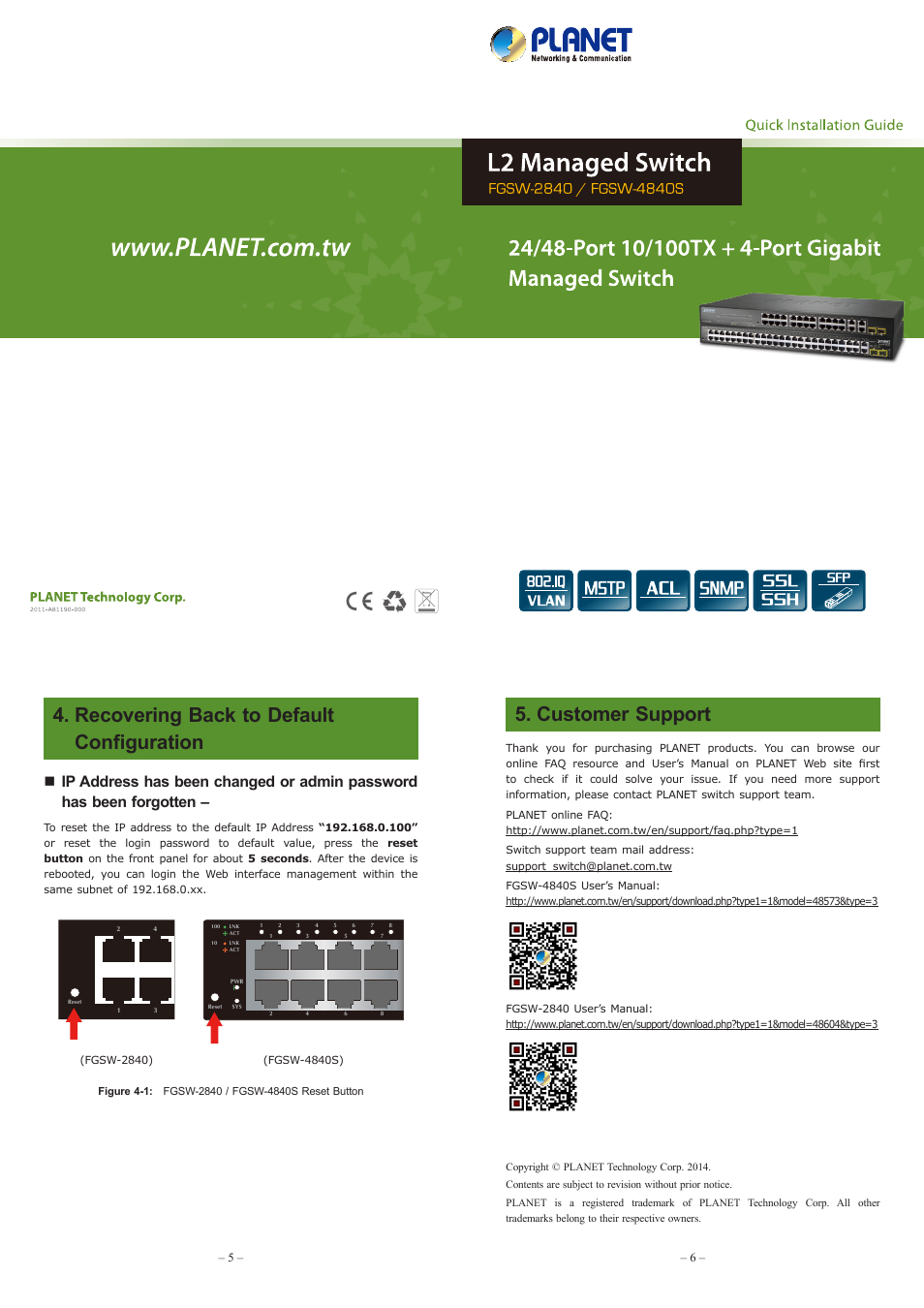 Recovering back to default configuration, Customer support | PLANET FGSW-2840 User Manual | Page 2 / 2