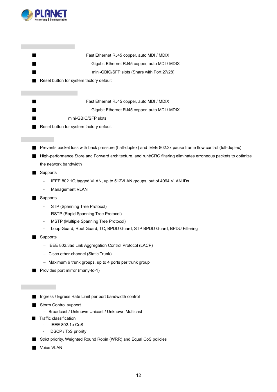 4 product features | PLANET FGSW-2840 User Manual | Page 12 / 263