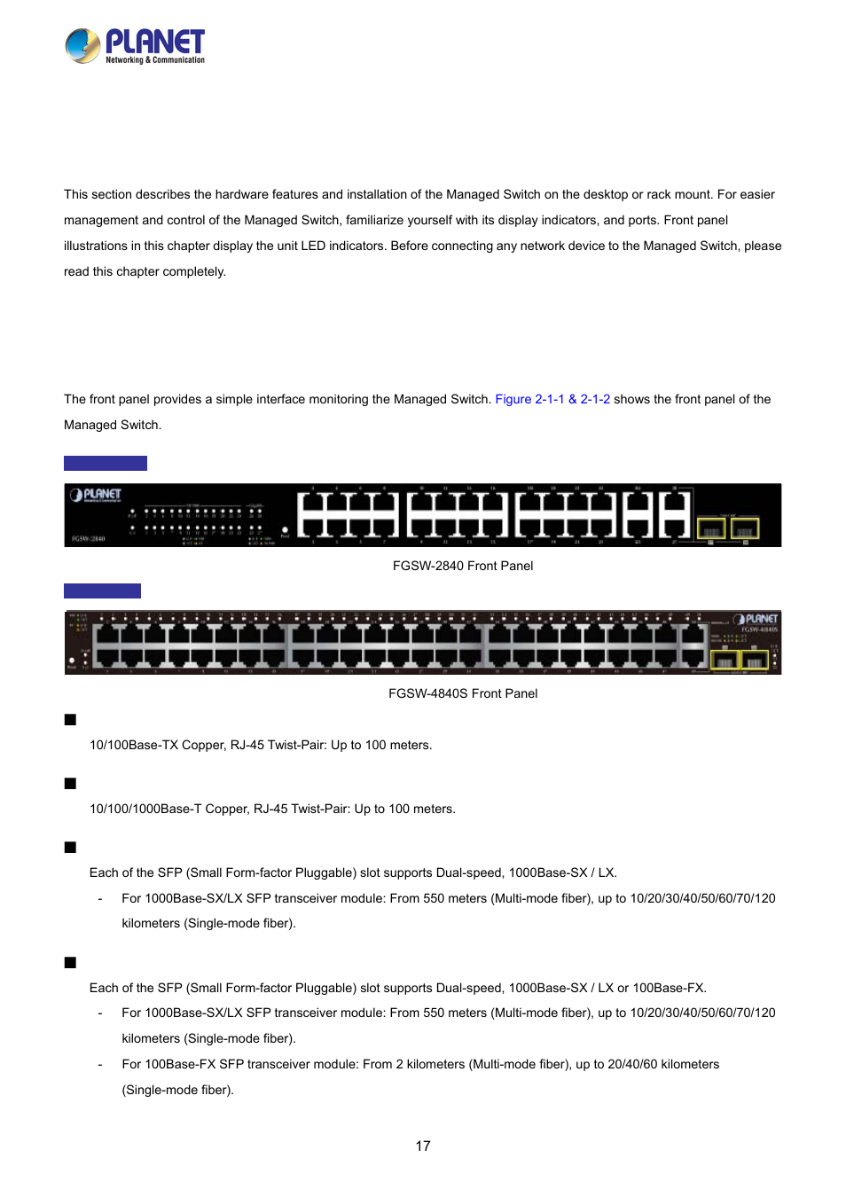 Installation, 1 hardware description, 1 switch front panel | PLANET FGSW-2840 User Manual | Page 17 / 263