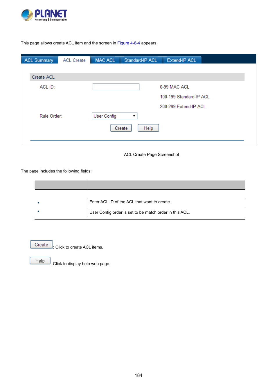 2 acl create | PLANET FGSW-2840 User Manual | Page 184 / 263