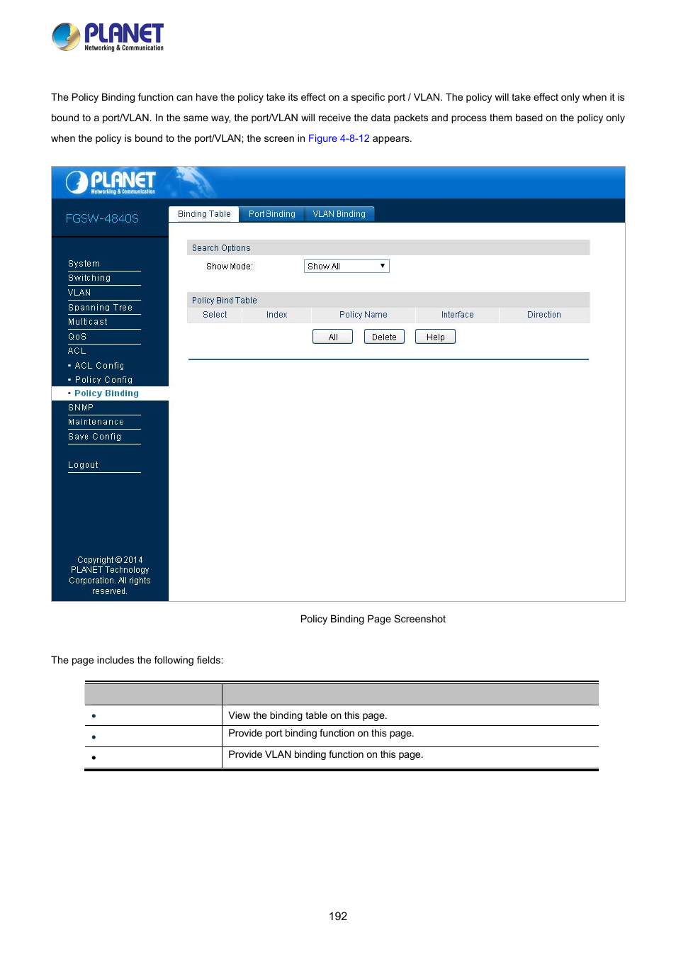 3 policy binding | PLANET FGSW-2840 User Manual | Page 192 / 263