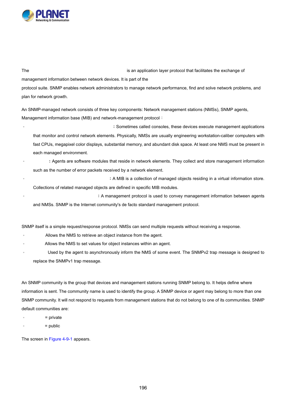 9 snmp, Snmp overview | PLANET FGSW-2840 User Manual | Page 196 / 263