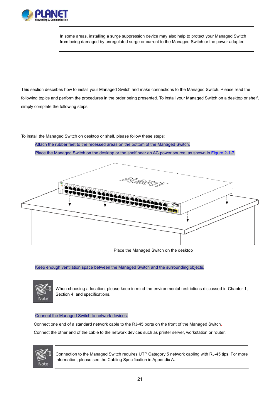 2 installing the switch, 1 desktop installation | PLANET FGSW-2840 User Manual | Page 21 / 263