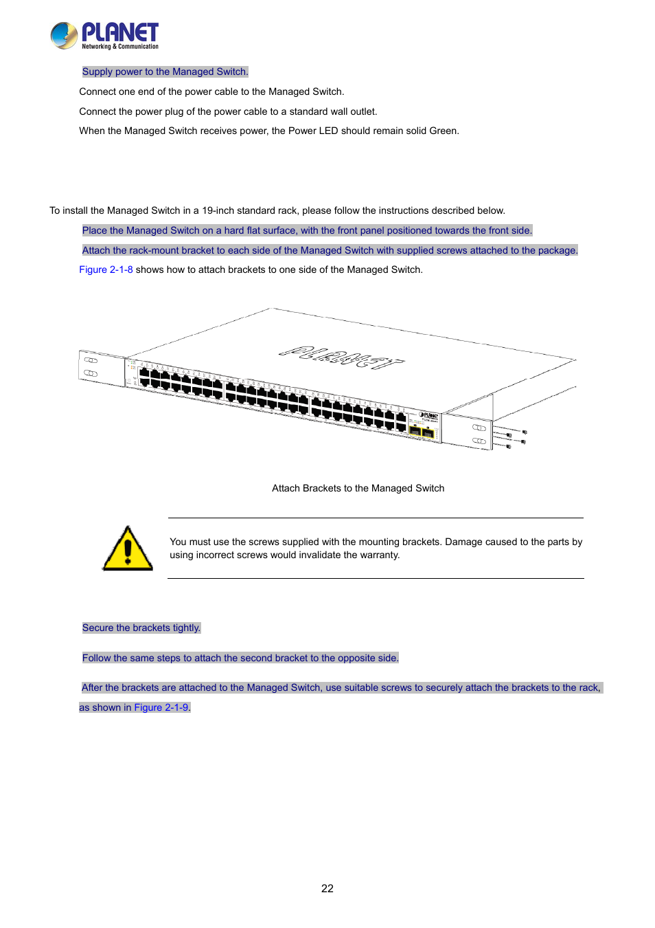 2 rack mounting | PLANET FGSW-2840 User Manual | Page 22 / 263