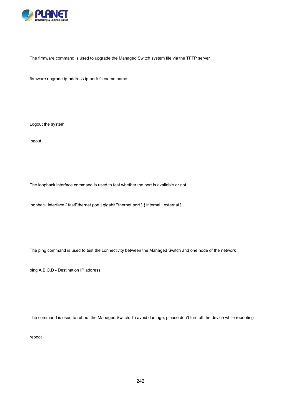 5 firmware command, 6 logout command, 7 loopback command | 8 ping command, 9 reboot command | PLANET FGSW-2840 User Manual | Page 242 / 263