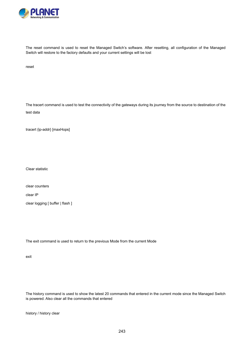 10 reset command, 11 tracert command, 12 clear command | 13 exit command, 14 history command | PLANET FGSW-2840 User Manual | Page 243 / 263