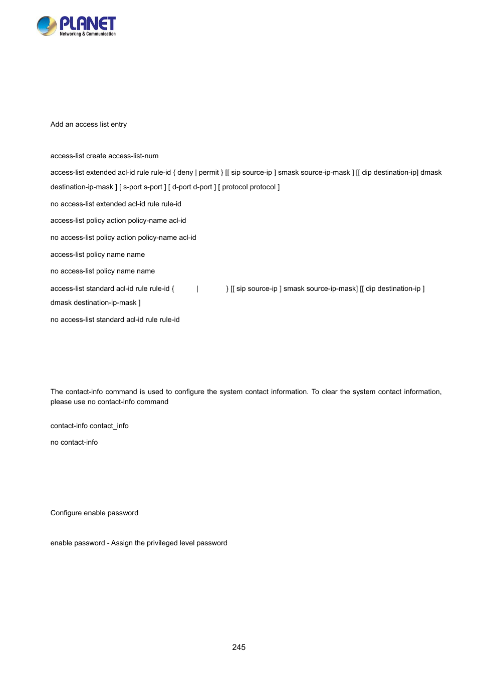 3 global config mode commands, 1 access-list command, 2 contact-info command | 3 enable command | PLANET FGSW-2840 User Manual | Page 245 / 263