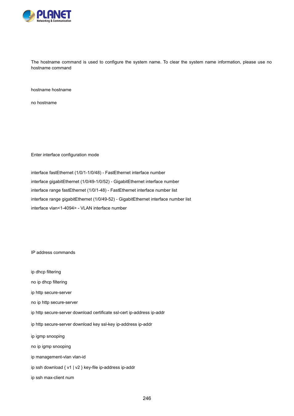 4 hostname command, 5 interface command, 6 ip command | PLANET FGSW-2840 User Manual | Page 246 / 263