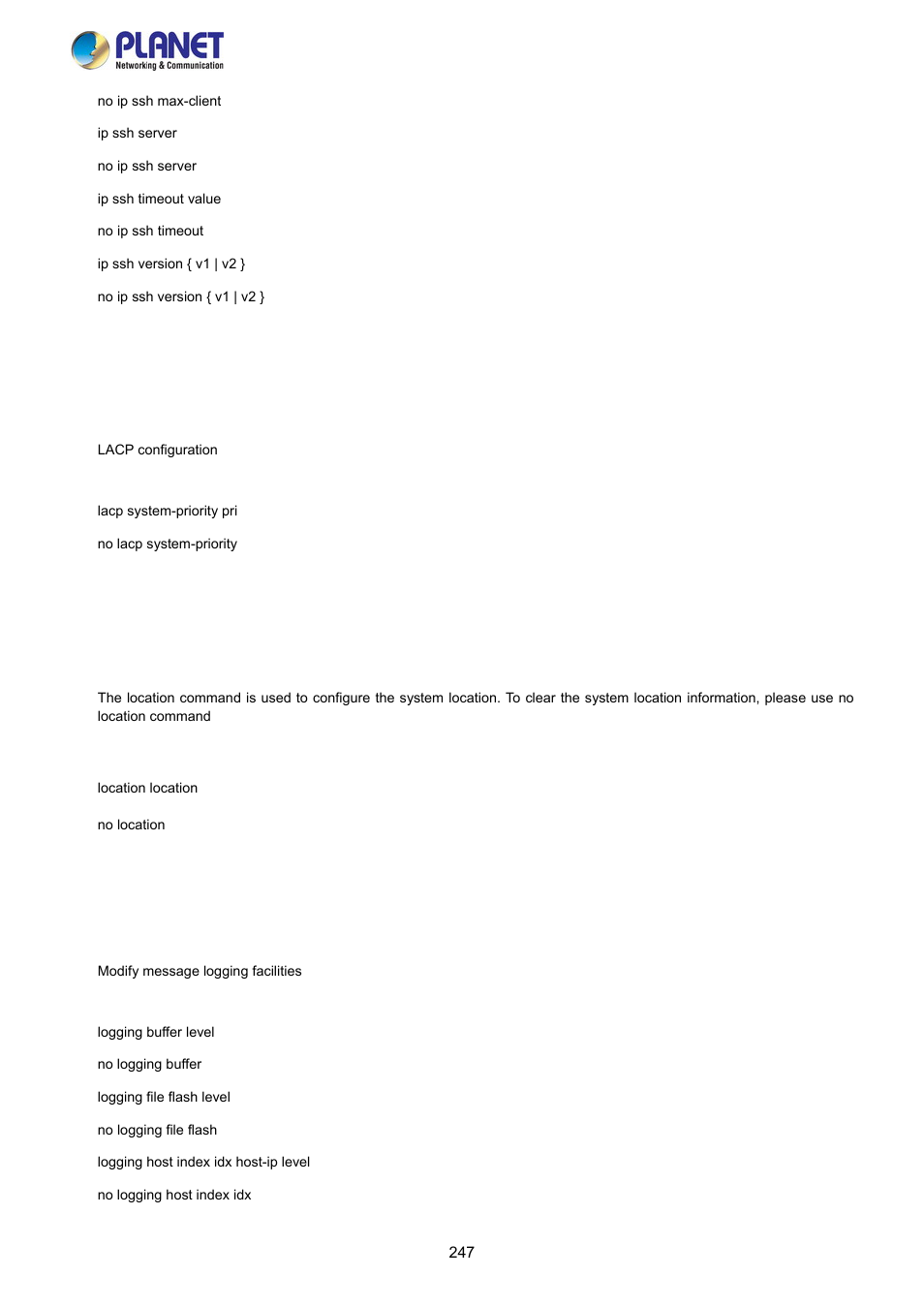 7 lacp command, 8 location command, 9 logging command | PLANET FGSW-2840 User Manual | Page 247 / 263