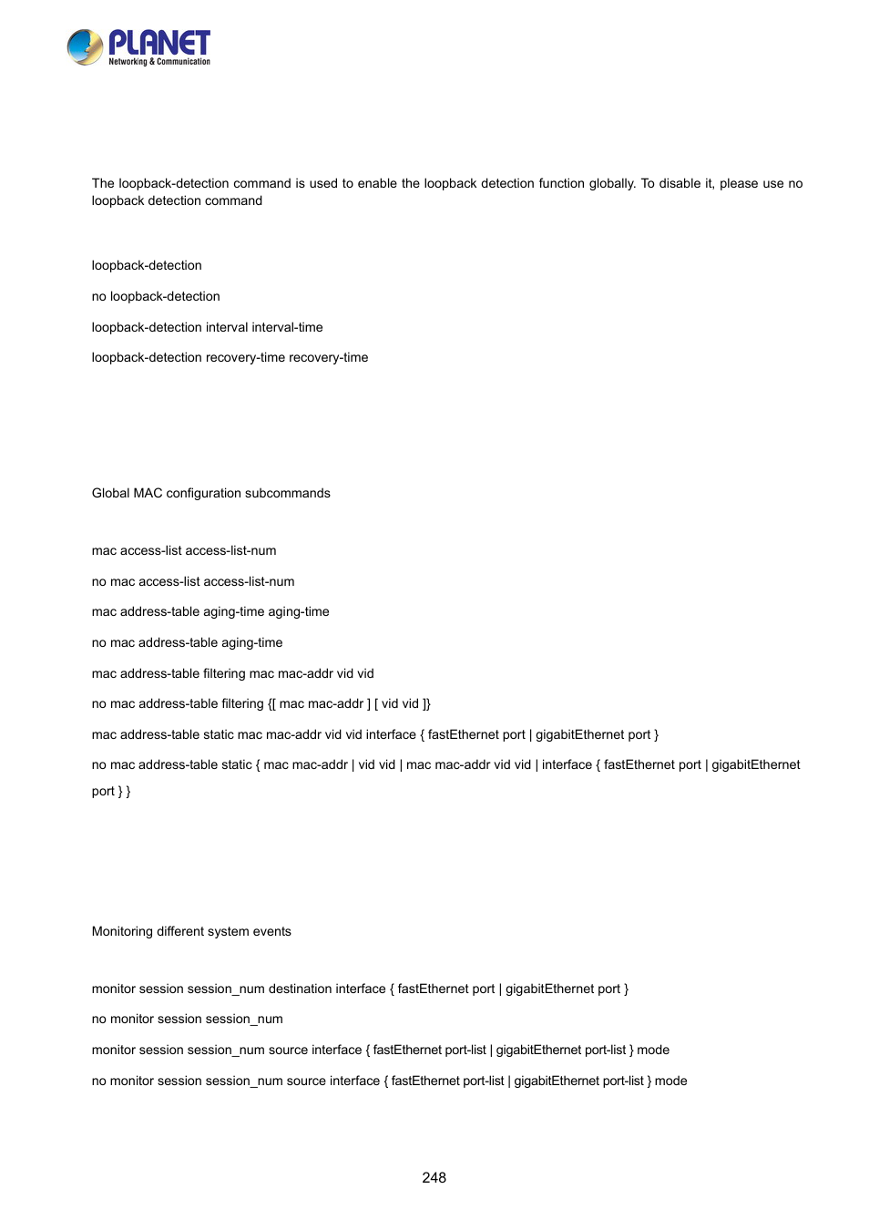 10 loopback-detection command, 11 mac command, 12 monitor command | PLANET FGSW-2840 User Manual | Page 248 / 263