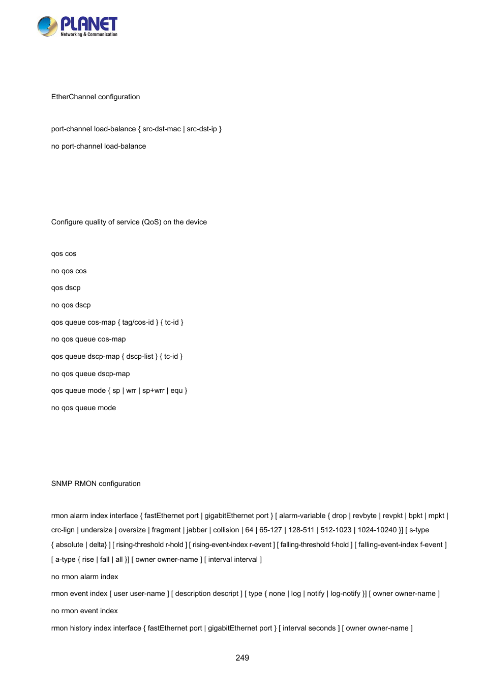 13 port-channel command, 14 qos command, 15 rmon command | PLANET FGSW-2840 User Manual | Page 249 / 263