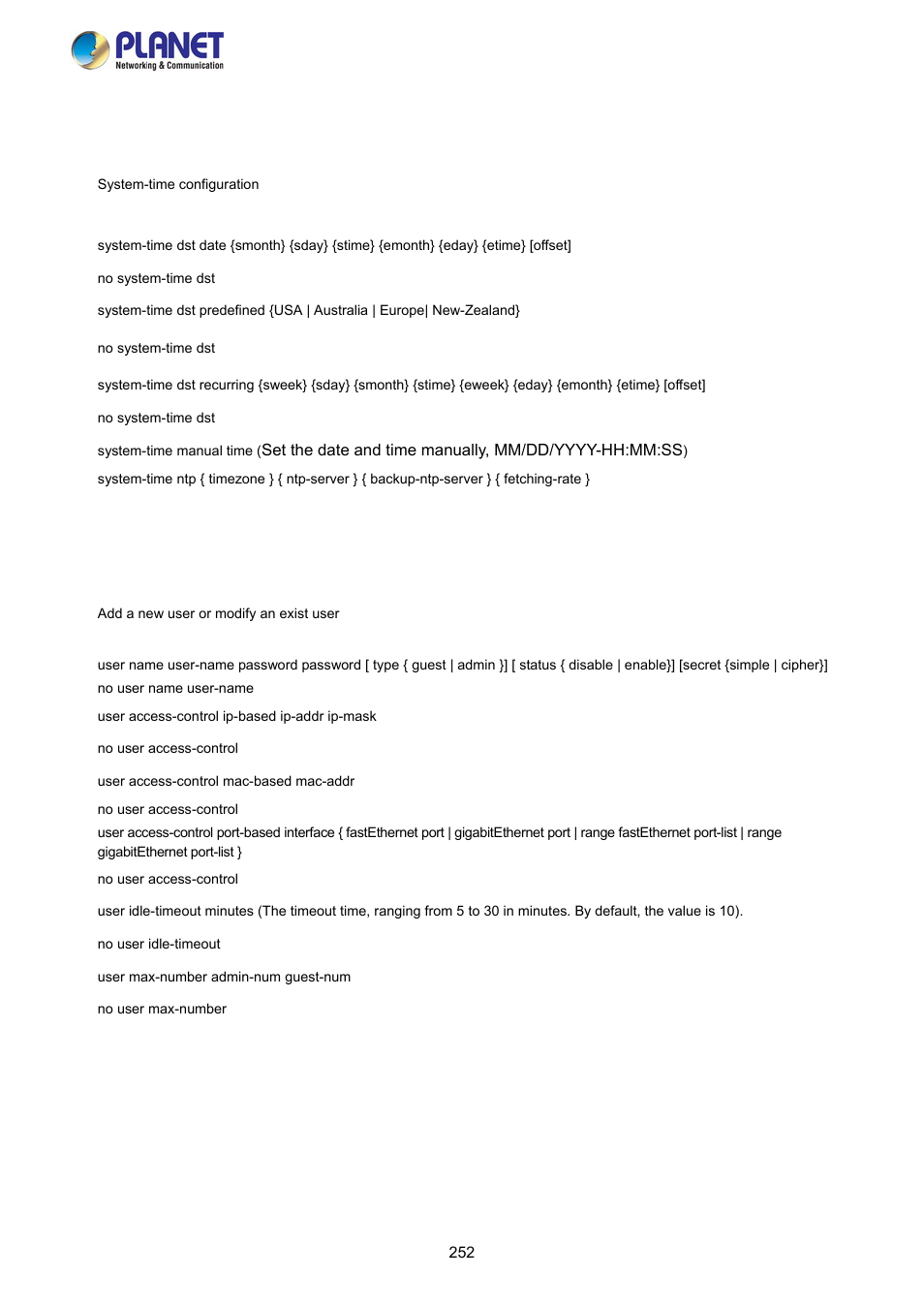 18 system-time command, 19 user command | PLANET FGSW-2840 User Manual | Page 252 / 263