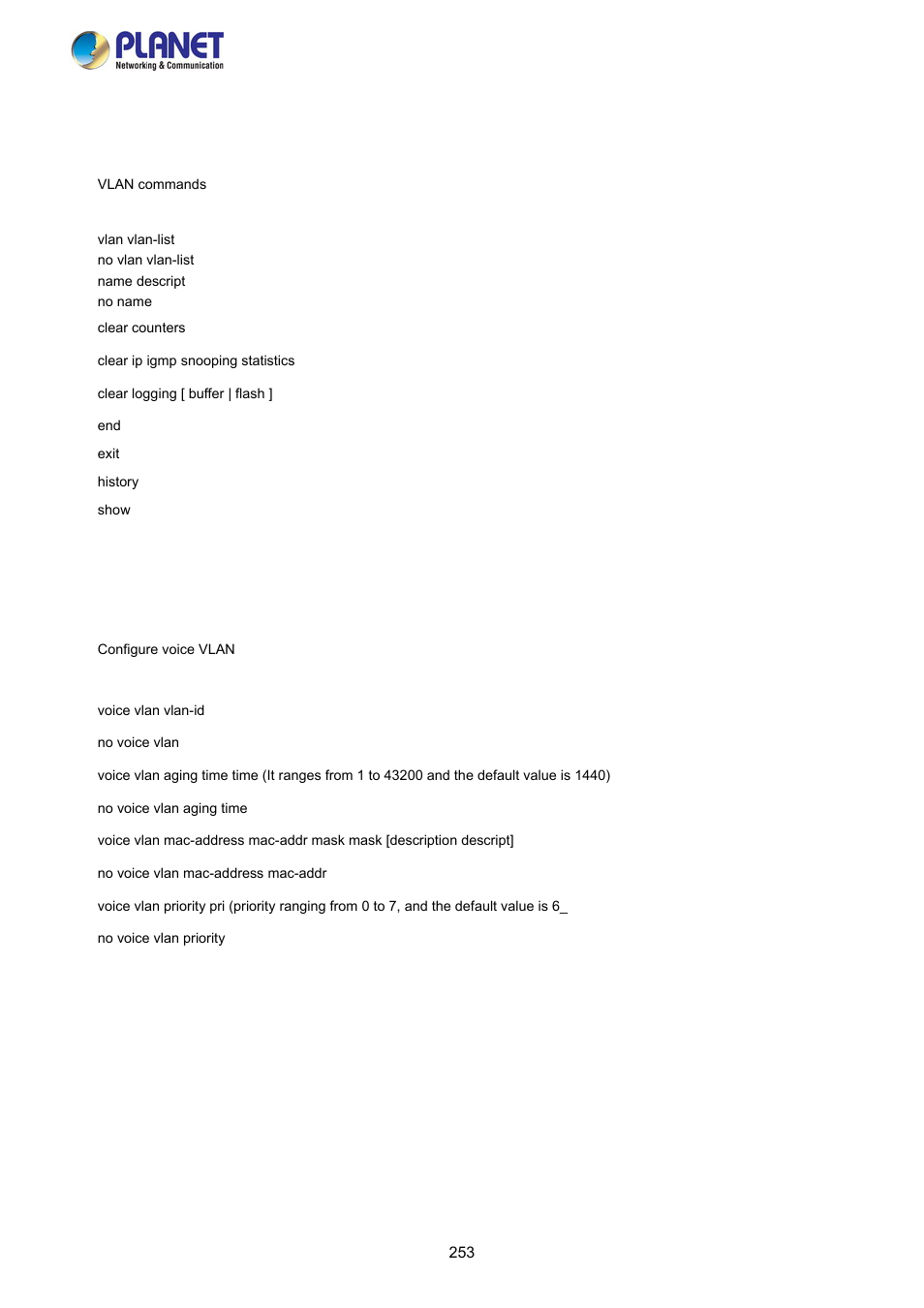 20 vlan command, 21 voice command | PLANET FGSW-2840 User Manual | Page 253 / 263