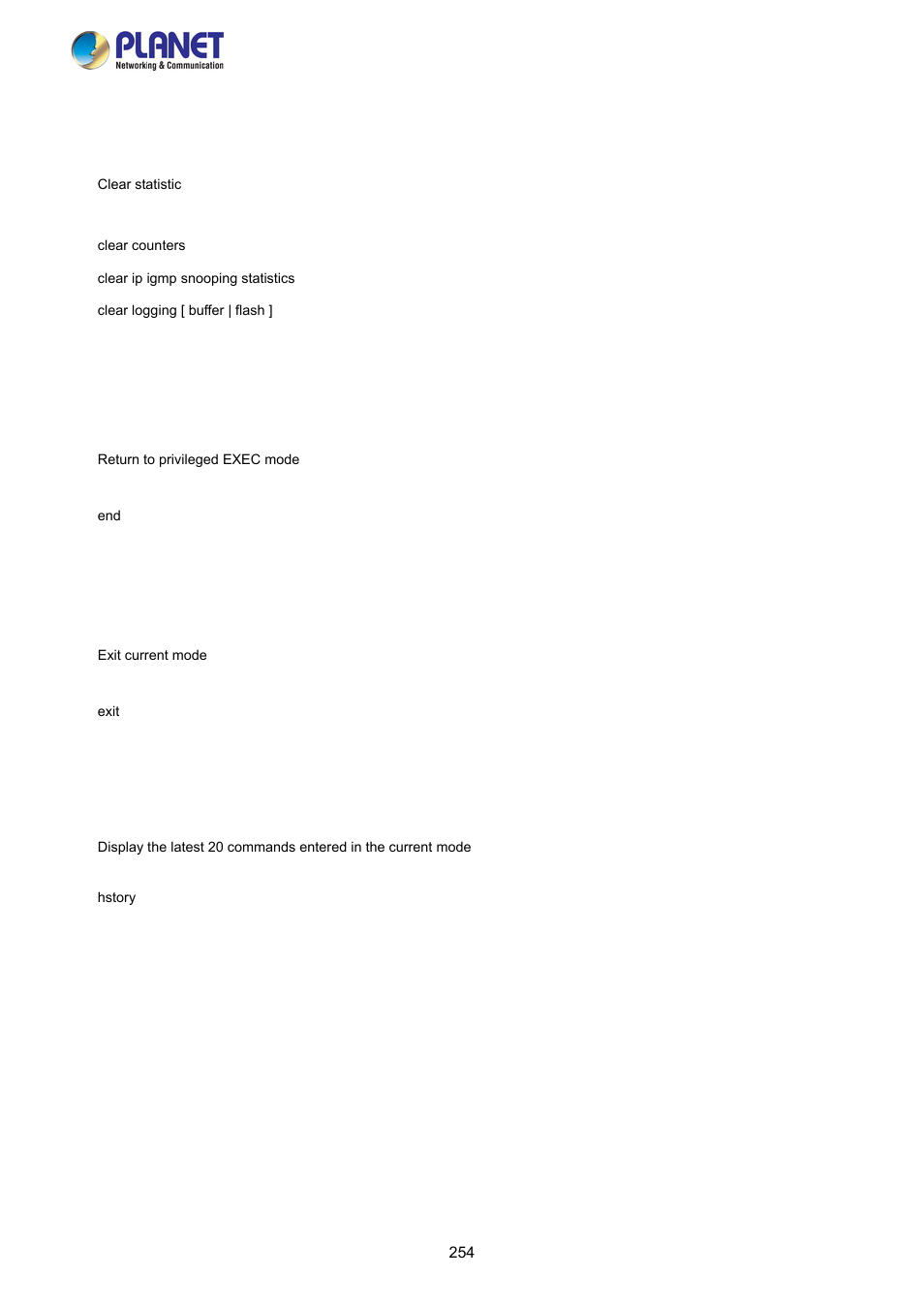 22 clear command, 23 end command, 24 exit command | 25 history command | PLANET FGSW-2840 User Manual | Page 254 / 263