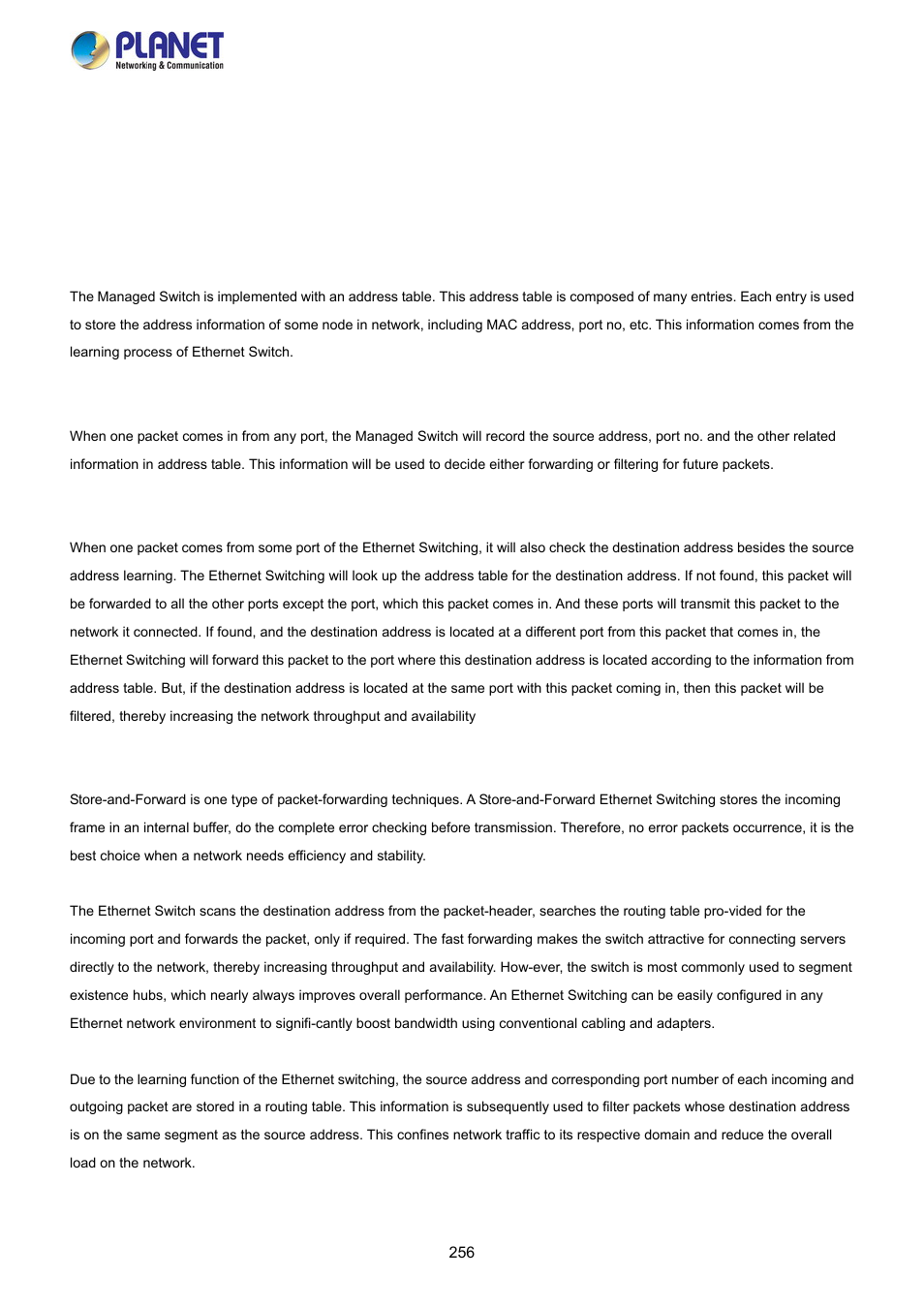 Switch operation, 1 address table, 2 learning | 3 forwarding & filtering, 4 store-and-forward | PLANET FGSW-2840 User Manual | Page 256 / 263