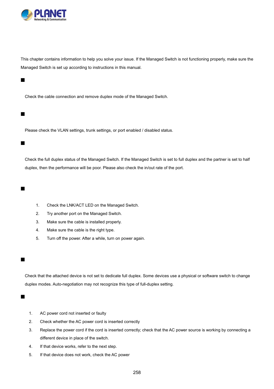 Troubleshooting | PLANET FGSW-2840 User Manual | Page 258 / 263